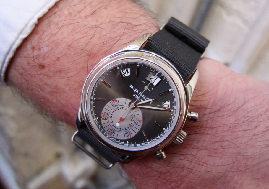 A fake Patek Philippe 5960 Annual Calendar Chronograph in Platinum…On A NATO Strap